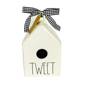 Farmhouse Rae Dunn Ceramic Garden Birdhouse "Tweet" Outdoor Stand Hanging